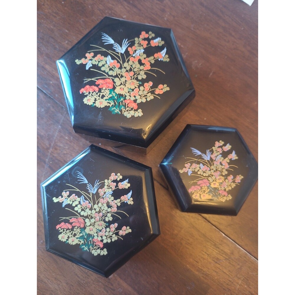 Asian Black Hexagon Shaped Triple Nesting Trinket Container Set Plastic Storage